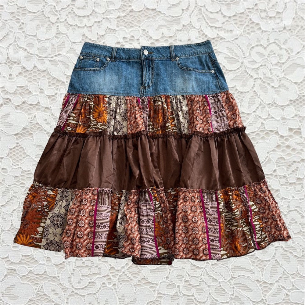 vintage y2k tiered denim midi skirt